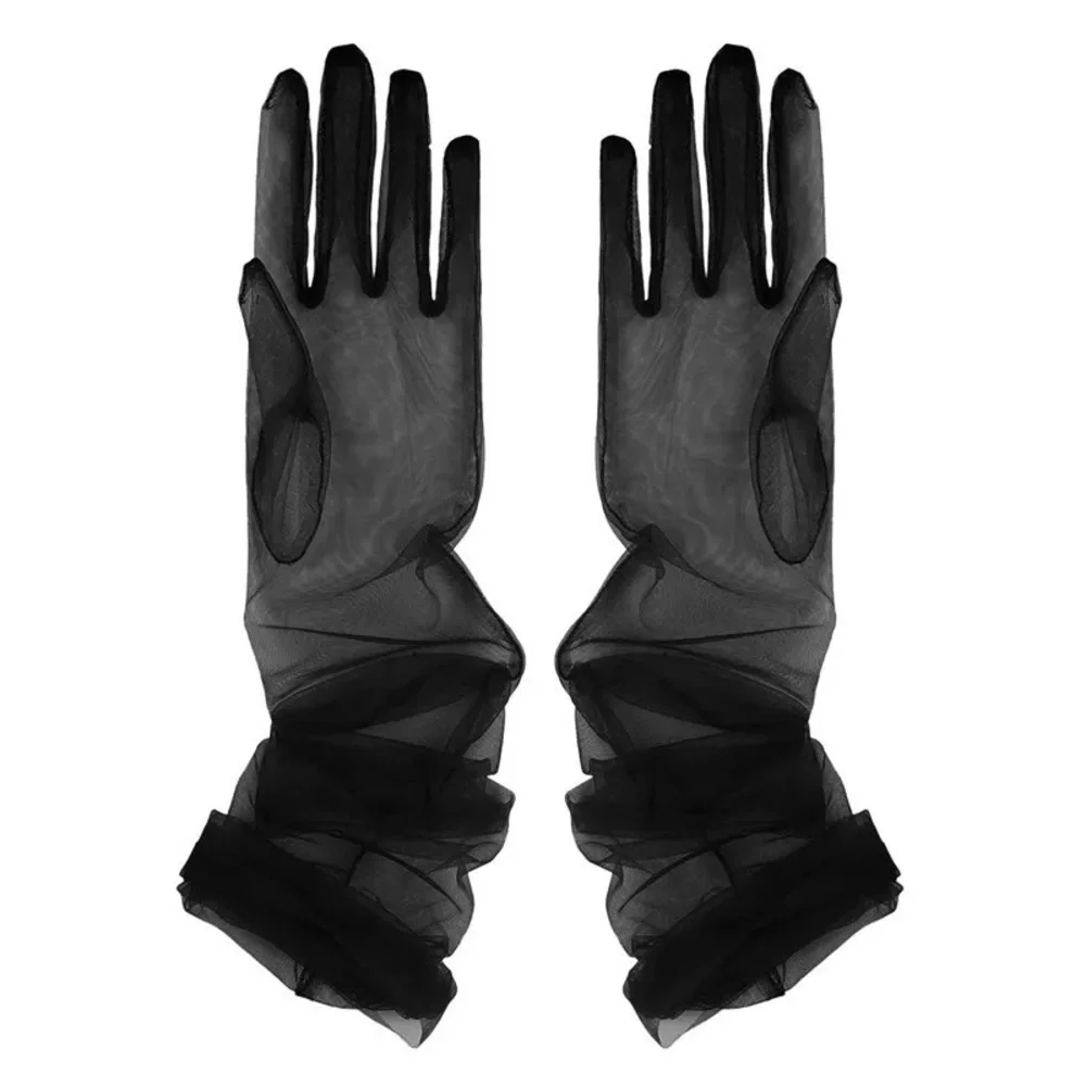 Mesh Kink Long Tulle Crumbling Taffeta Black High Gloves Transparent